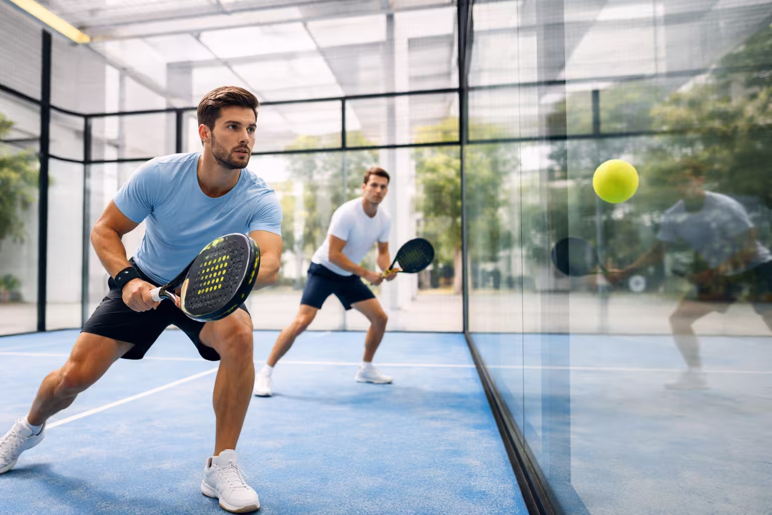 двое игроков ведут розыгрыш в падел, мяч отражается от стеклянной стены, светлый корт и современная атмосфера