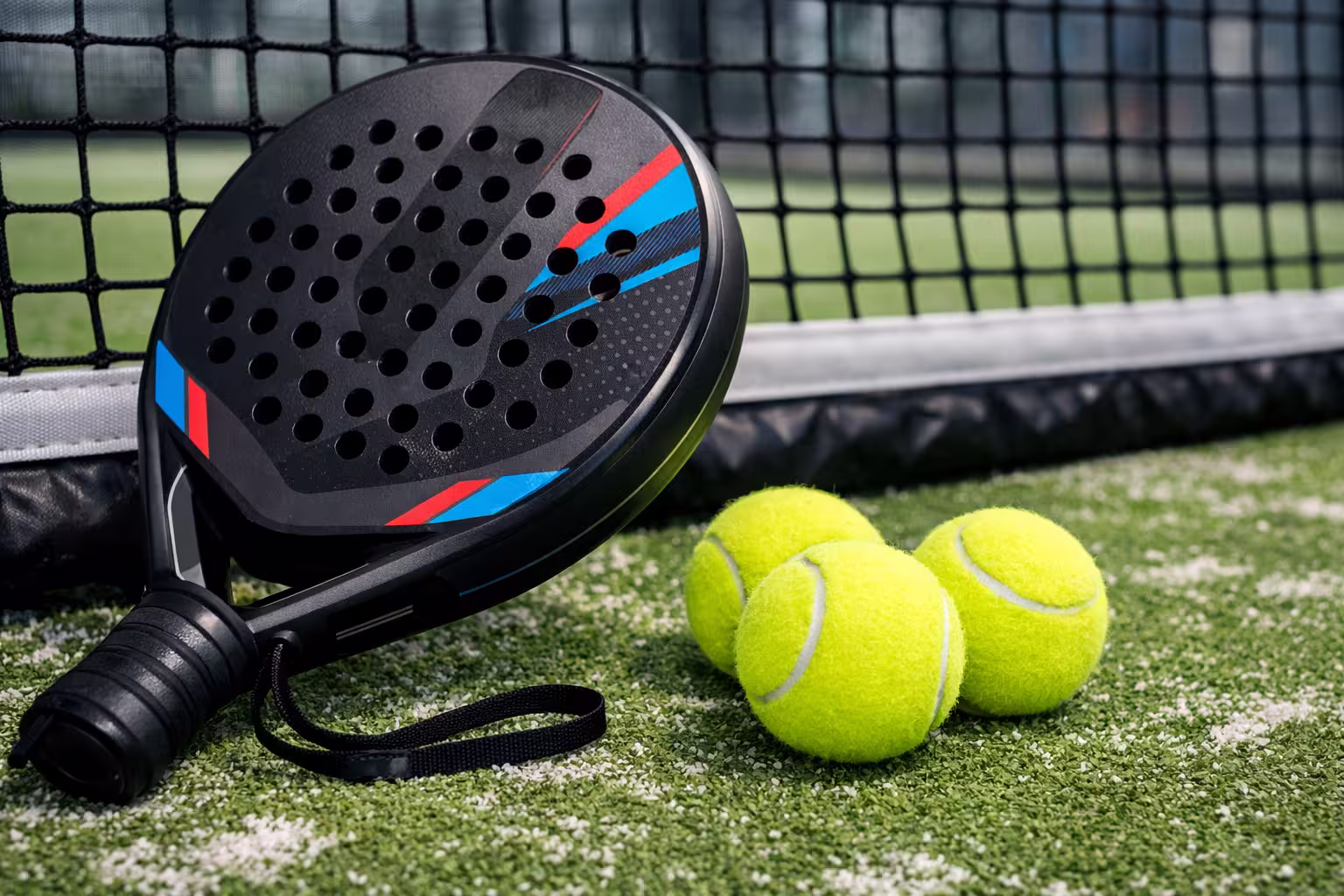 ракетка для падела и мячи лежат на корте, крупный план, современный спортивный инвентарь
